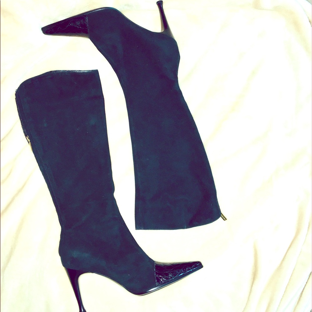 $1500-Rare Find 🔥NEW Vintage Sergio Rossi Suede Croc Toe Tall Boots